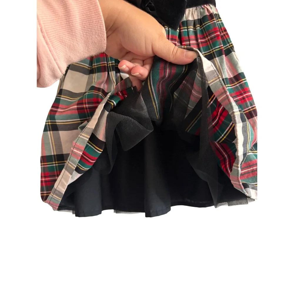 Carters Girls Size 4 Red Green Plaid Holiday Dress Velvet Trim Button Back